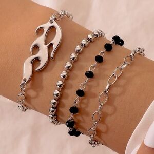 Layered Silver Flame Black Beaded Bracelet Set